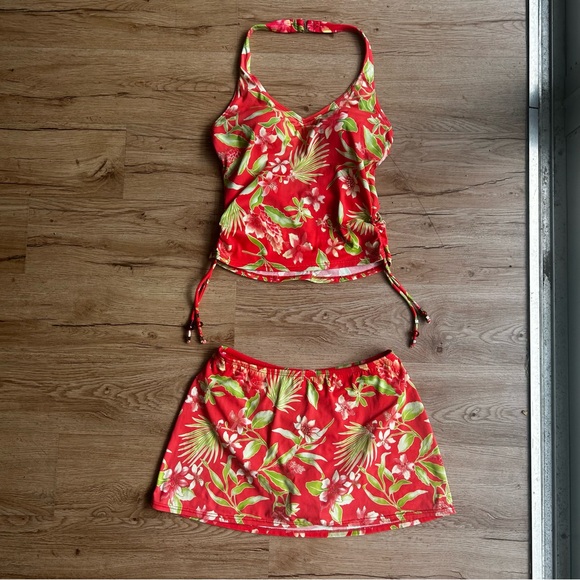 Beach bay Salmon pink & green tankini floral set gold detail & side ties size 8 - Picture 16 of 16